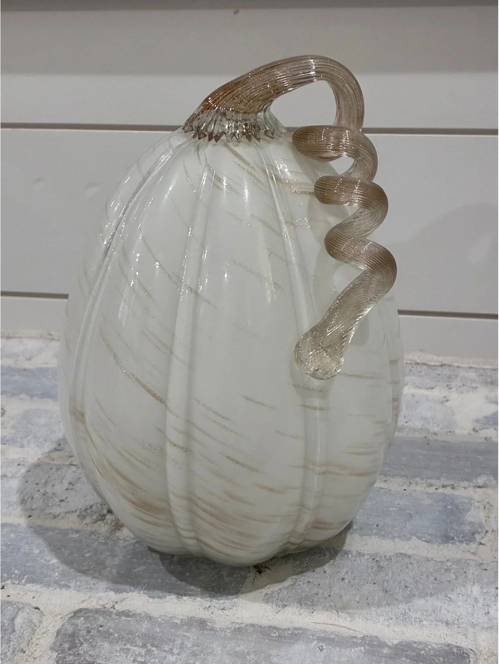 Handblown Glass White Pumpkin Decorative Figurine with Curled Stem